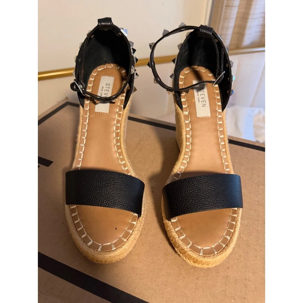Steven New York Black Studded Espadrille Wedge Sandals Size 7 Ankle Strap Jute